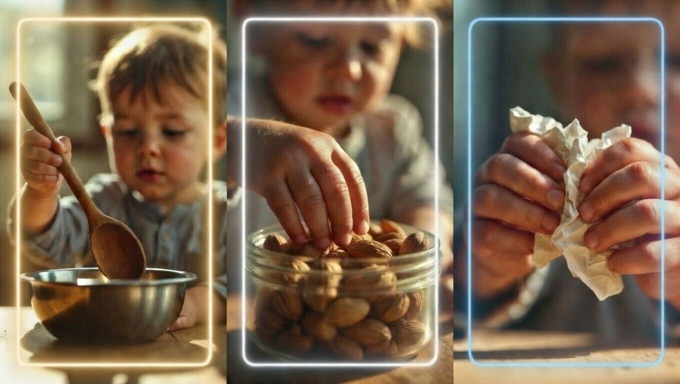 коллаж из трех фото: 1. ребенок трех лет стучит ложкой по миске, 2.ребенок из банки достает грецкие орехи, 3. ребенок рвет бумагу