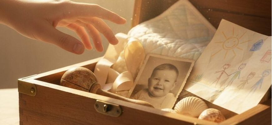 рука подростка тянется к открытому сундучку с его детскими вещами, которые сохранили родители